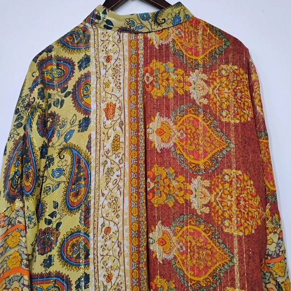 Desigual Boho Moroccan Paisley Sheer Blouse Tie Waist Tassels Button Down Large - Picture 7 of 16